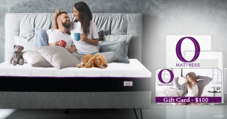 Omni Mattress Banner, Couple with mugs in a bed - Plus $100 gift card